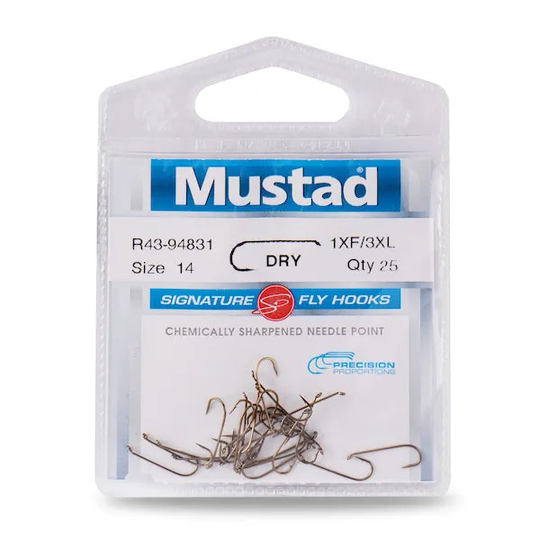 Mustad Signature Fly Round Bend Dry Fly Hook with Standard Wire/Standard  Length Turned Down Eye (Pack of 50)